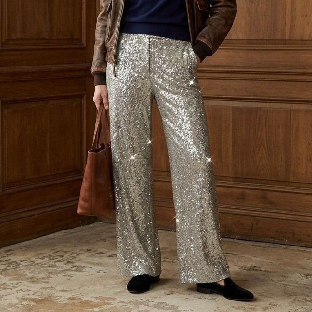 Ralph Lauren Purple Label Welles Pants Womens 6 Silver Sequin Wide Leg Luxury
